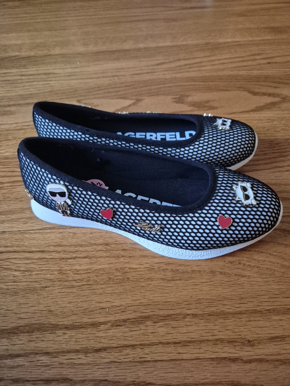 Karl Lagerfeld Paris Maleia Mesh Ballet Flats Black White Choupette Charms NWOB